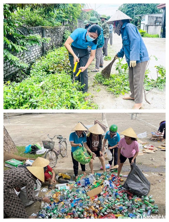 Cán bộ, hội viên, phụ nữ xã Quỳnh Diễn (huyện Quỳnh Lưu) chăm sóc hàng cây bạch ngọc; duy trì mô hình" Biến rác thải thành yêu thương". Ảnh: Mai Hoa