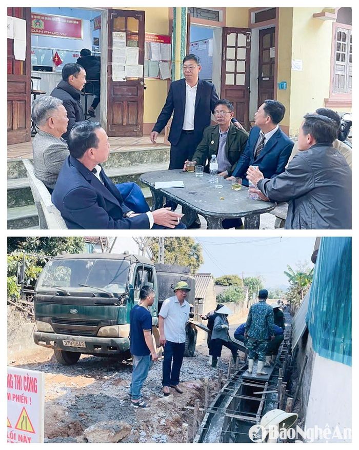 Cán bộ xã Nghĩa Hưng (huyện Nghĩa Đàn) trao đổi với đội ngũ những người hoạt động không chuyên trách ở xóm trong triển khai thực hiện nhiệm vụ; chỉ đạo xây dựng hệ thống thoát nước trong khu dân cu.̛ Ảnh: Mai Hoa