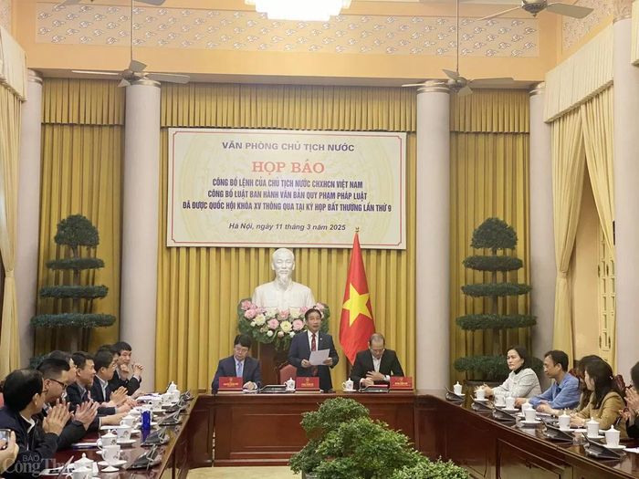 Họp báo công bố lệnh của Chủ tịch nước công bố Luật ban hành văn bản quy phạm pháp luật. Ảnh: Hải Linh