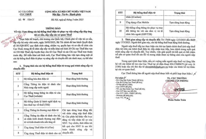 Thông báo của Cục thuế. Ảnh: P.V