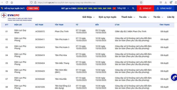 Lịch cắt điện Bình Định ngày mai 15/3 cập nhật ngày 14/3 tại website của EVNCPC. Ảnh: BNEWS