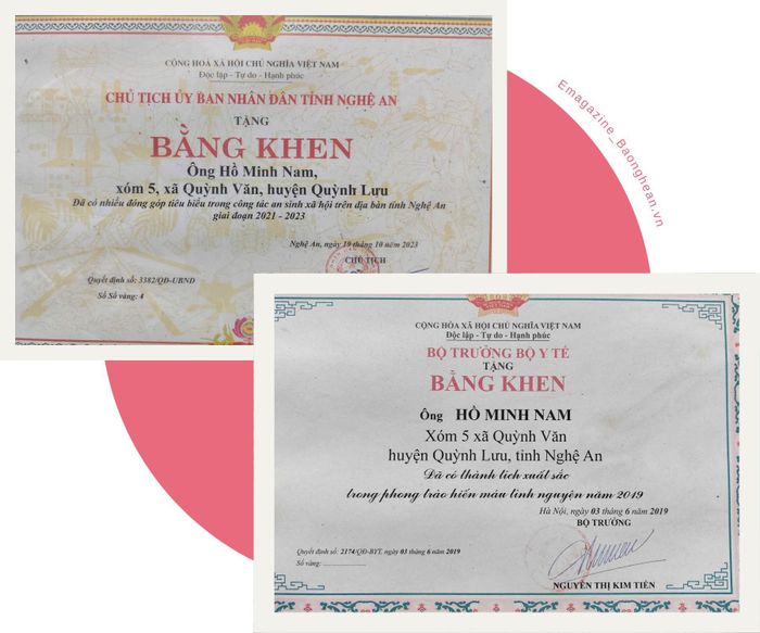 Cá nhân anh Hồ Minh Nam đã nhiều lần nhận được Bằng khen của Ủy ban nhân dân tỉnh Nghệ An và Bộ Y tế. Ảnh NVCC