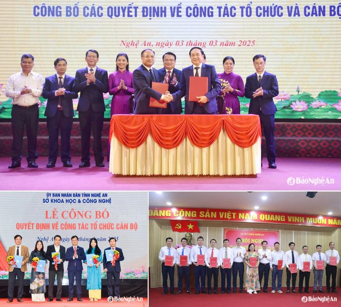 Ký biên bản bàn giao giữa Sở Lao động - TB&amp;XH (cũ) và Sở Nội vụ (mới); Sở Khoa học và Công nghệ, Sở Xây dựng trao quyết định cho các lãnh đạo phòng. Ảnh: TL