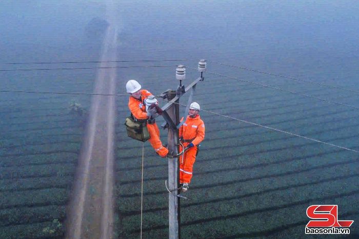 Công nhân Điện lực khu vực Mộc Châu - Vân Hồ khắc phục sự cố băng giá năm 2025.