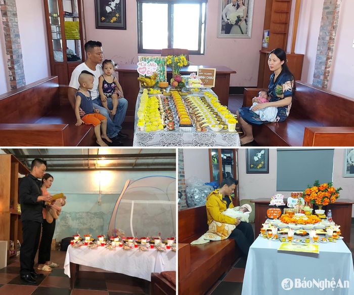 Anh Duẩn, chị Hạnh làm lễ đầy tháng cho các con của mình. Ảnh: NVCC