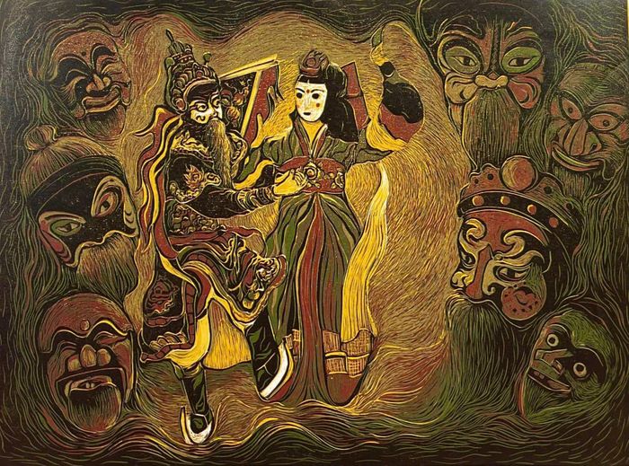 Tác phẩm “Di sản” (in khắc gỗ phá bản) của họa sĩ Nguyễn Tiến Việt tại triển lãm mỹ thuật “Đà Nẵng gấm hoa”. Ảnh: ĐOÀN HẠO LƯƠNG