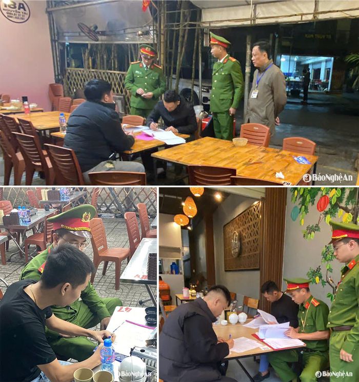 Lực lượng chức năng phường Trường Thi lập biên bản xử lý vi phạm đối với các hàng quán kinh doanh ăn uống trên mương số 2, đường Nguyễn Tài. Ảnh: CSCC