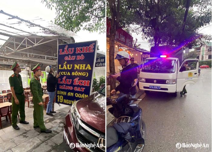Lực lượng chức năng phường Trường Thi xử lý biển quảng cáo lấn chiến lề đường đối với các hàng quán kinh doanh ăn uống trên mương số 2, đường Nguyễn Tài. Ảnh: CSCC