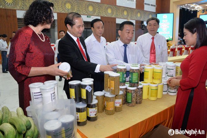Gian hàng trưng bày sản phẩm OCOP của các HTX tiêu biểu Nghệ An. Ảnh: Xuân Hoàng
