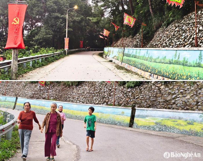 Bức bích họa dọc bờ kè đường lên núi gợi vẻ đẹp bình yên, êm đềm. Ảnh: Diệp Thanh