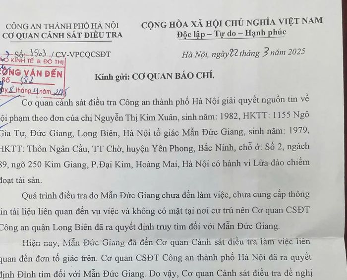 Cơ quan Cảnh sát điều tra, Công an TP Hà Nội có công văn về việc thông báo đã ra quyết định Đình tìm.