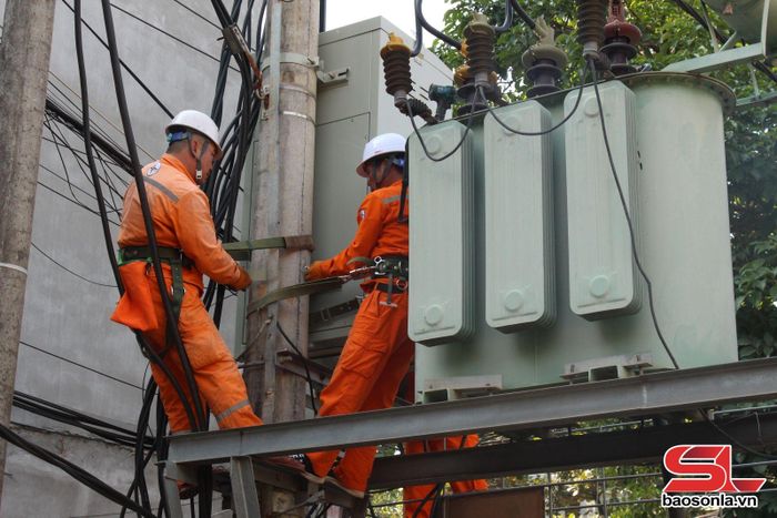 Công nhân Công ty Điện lực Sơn La sửa chữa điện tại khu vực phường Tô Hiệu, Thành phố.