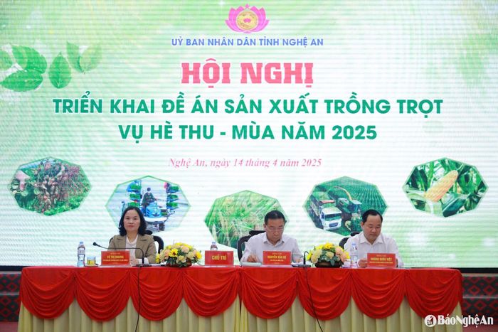 Các đồng chí chủ trì Hội nghị Triển khai đề án sản xuất trồng trọt vụ Hè Thu- Mùa 2025. Ảnh: P.H