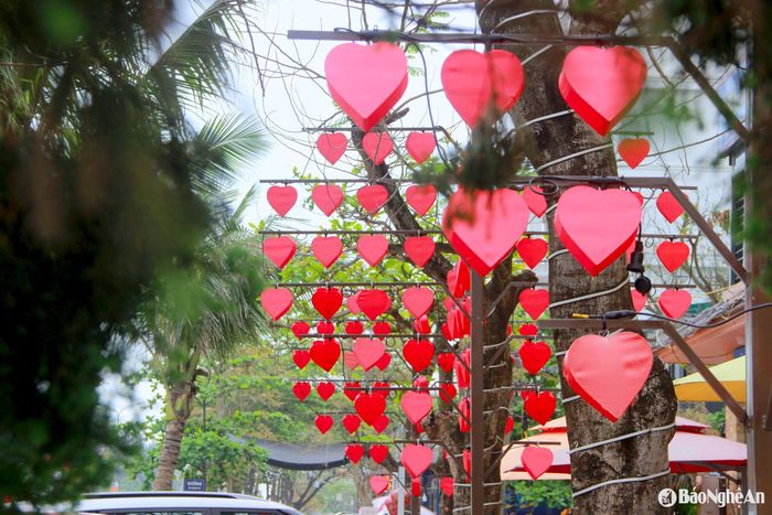 Dọc các tuyến đường các phường Nghi Hương, Thu Thủy... những hình trang trí bắt mắt như đèn lồng, hình trái tim, bóng nháy cũng đã được dựng lên... tạo điểm nhấn thu hút du khách. Ảnh: Q.A