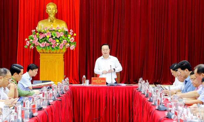 Đồng chí Nguyễn Đức Trung - Bí thư Tỉnh ủy, Trưởng ban Chỉ đạo phát biểu tại cuộc họp. Ảnh: Phạm Bằng