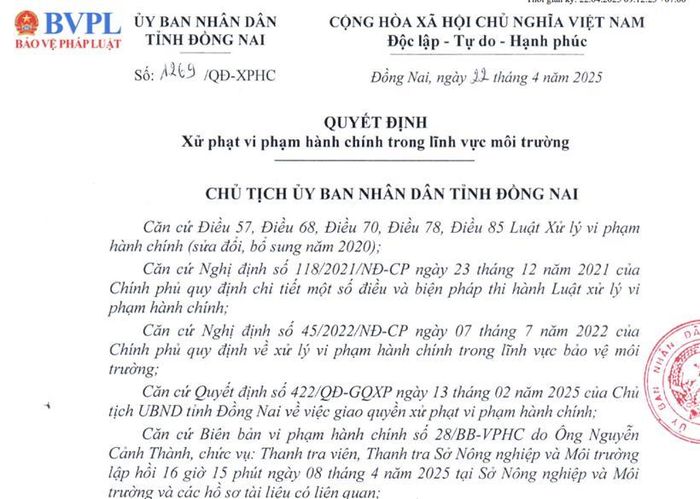 Quyết định xử phạt đối với Công ty Cổ phần Cơ khí Luyện kim. (Ảnh:MP)
