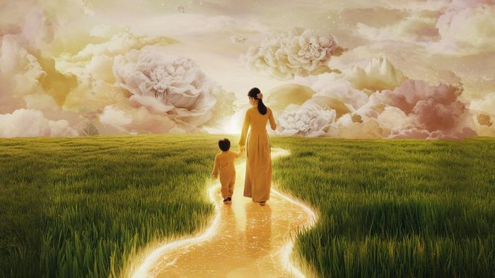 Đây là bức tranh minh họa được AI vẽ theo yêu cầu của TT&amp;VH để minh họa cho 4 câu thơ được dẫn trong bài viết: “Đất dưới chân con thơm như mật - Mây trên đầu con thơm như hoa - Mẹ bước tới giữa hai triền cỏ biếc - Dắt con đi theo lối chân trời” (thơ Nguyễn Quang Thiều). Mời quý độc giả đánh giá tài năng mỹ thuật của AI
