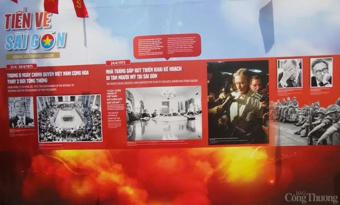 Cao trào của triển lãm là chủ đề “Tiến về Sài Gòn”, ghi lại thời khắc lịch sử lúc 11h30 ngày 30/4/1975, khi Tổng thống chính quyền Sài Gòn Dương Văn Minh tuyên bố đầu hàng vô điều kiện. Chiến dịch Hồ Chí Minh toàn thắng, đất nước thu về một mối, khát vọng thống nhất của dân tộc suốt hơn hai thập kỷ kháng chiến đã trở thành hiện thực.