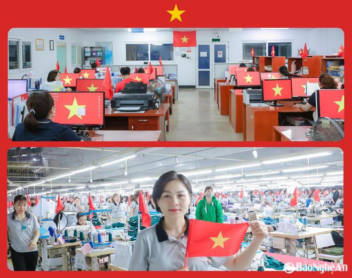Từ phát động của Công đoàn Nghệ An, cờ Tổ quốc phủ đỏ không gian làm việc của công nhân, người lao động trong nhiều ngày nay. Ảnh: CSCC