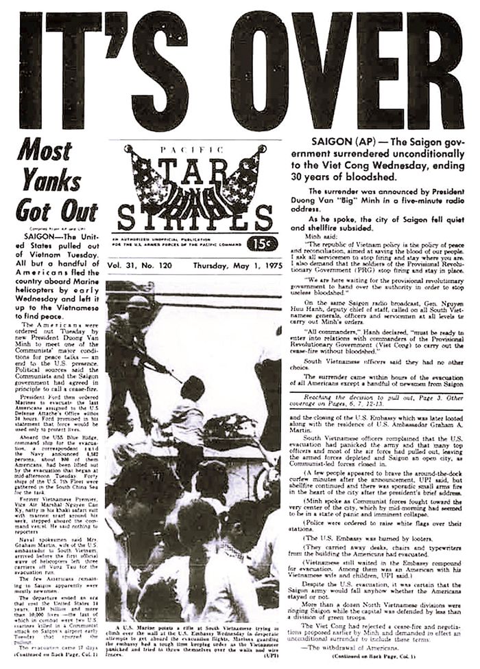Báo Mỹ Stars and Stripes ngày 1/5/1975 với tiêu đề “It's over” - Kết thúc. Ảnh: T.L