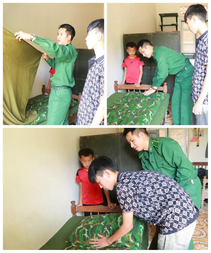 Bộ đội Biên phòng hướng dẫn Vi Dương Cầm và Vừ Bá Lầu xếp chăn màn. Ảnh: Khánh Ly
