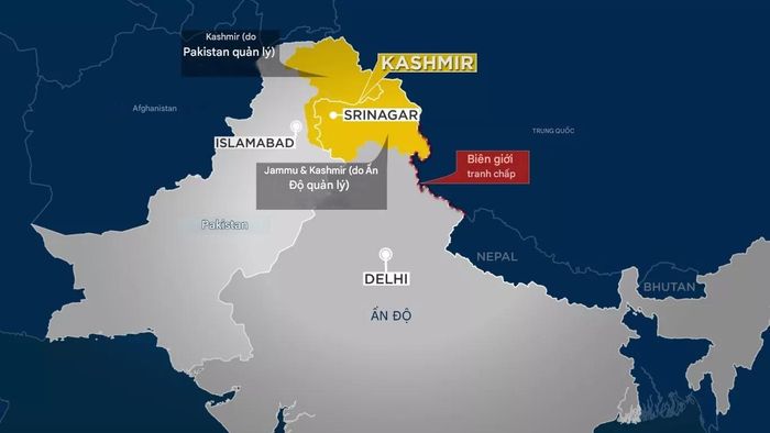 Bản đồ về khu vực Kashmir với đường phân tranh các lãnh thổ do Pakistan và Ấn Độ kiểm soát, cũng như thành phố Srinagar, nơi xảy ra vụ thảm sát.