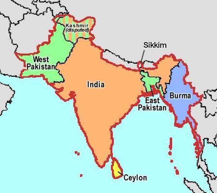 Bốn quốc gia (Ấn Độ, Pakistan, Ceylon (Sri Lanka) và Myanmar giành được độc lập từ Đế quốc Anh vào năm 1947 và 1948, với vùng Kashmir bị tranh chấp và Đông Pakistan (East Pakistan) ngày nay là Bangladesh.