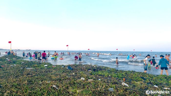 Để xuống biển, du khách phải bước qua "hàng rào rác" rộng hàng chục mét, dài 2km. Ảnh chụp ngày 2/5. Ảnh: Diệp Thanh