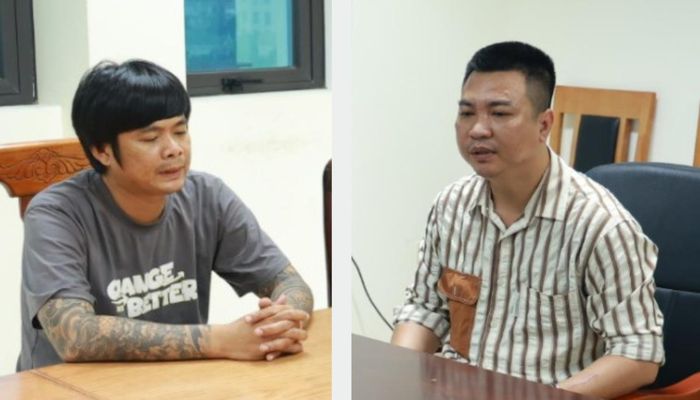 Hai đối tượng Ngô Đức Dũng và Lê Thanh Thảo tại cơ quan Công an.