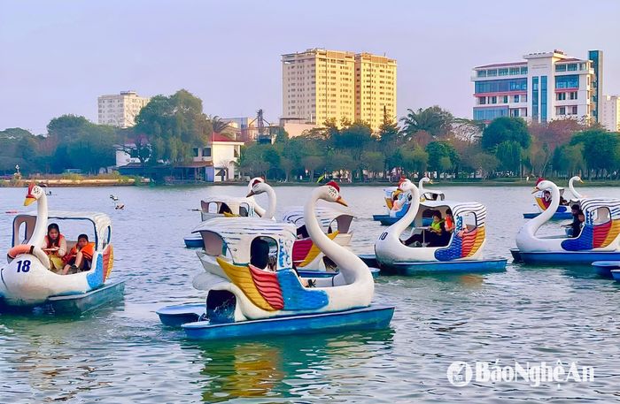 Xung quanh hồ Goong sôi động với nhiều dịch vụ như đạp vịt, ăn uống, giải khát... Ảnh: Q.A