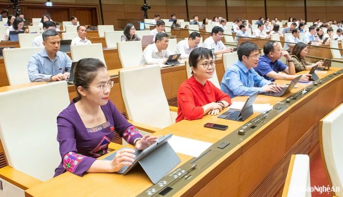 Đồng chí Võ Thị Minh Sinh - Phó Bí thư Tỉnh ủy, Chủ tịch Ủy ban MTTQ Việt Nam tỉnh, Trưởng đoàn ĐBQH tỉnh Nghệ An và các vị ĐBQH tại phiên làm việc sáng 13/5. Ảnh: Nghĩa Đức