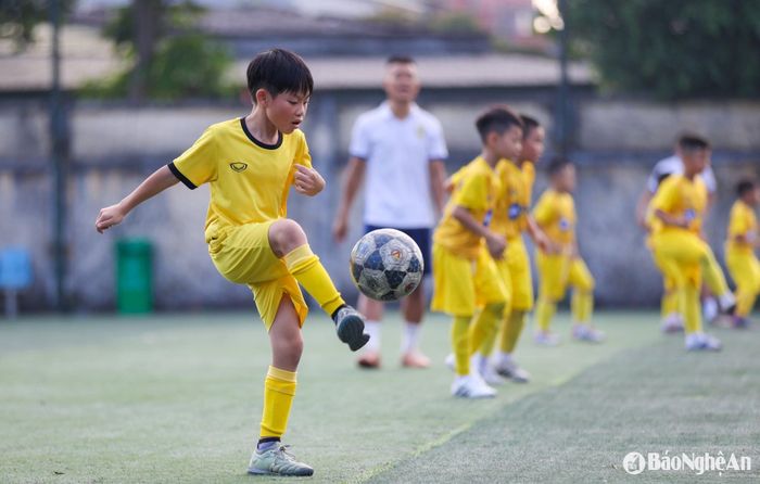 Mỗi buổi chiều, sau khi tan trường, các cầu thủ U9 trở về trung tâm để bước vào khung giờ tập luyện. Giáo án dành cho các em chủ yếu là rèn nền tảng thể lực, kỹ thuật cơ bản và thói quen vận động đúng cách. Ảnh: Đức Anh