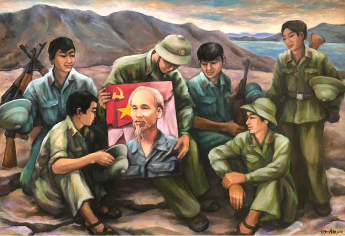 Hình ảnh Bác Hồ trong các tác phẩm của họa sĩ Tạ Quang Tâm luôn được thể hiện một cách kỹ càng với những thông điệp cụ thể. Ảnh: TGCC