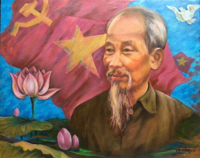 Tác phẩm "Người là Hồ Chí Minh" mà họa sĩ Tạ Quang Tâm vừa hoàn thành. Ảnh: TGCC