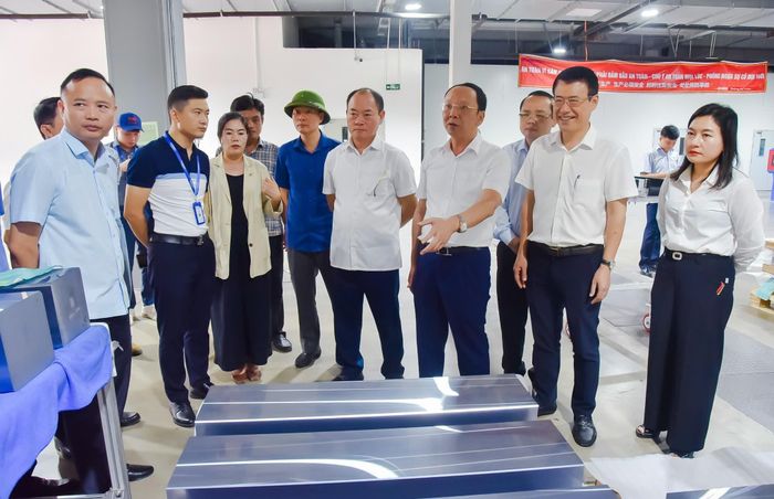 Phó Chủ tịch Thường trực UBND tỉnh Bùi Thanh An tìm hiểu dây chuyền sản xuất của Tập đoàn Runergy ở KCN Hoàng Mai I. Ảnh: Thanh Lê