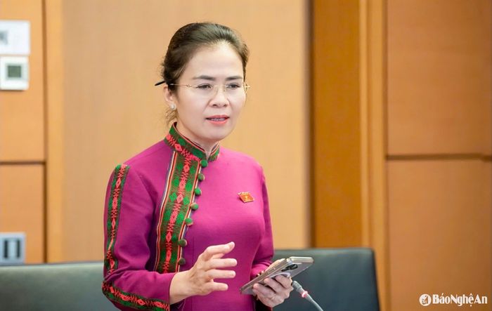 Đại biểu Võ Thị Minh Sinh - Phó Bí thư Tỉnh ủy, Chủ tịch Ủy ban MTTQ Việt Nam tỉnh, Trưởng đoàn ĐBQH tỉnh Nghệ An phát biểu thảo luận. Ảnh: Nghĩa Đức