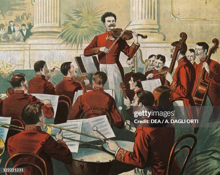 Bức tranh mô tả Johann Strauss II trình diễn cùng dàn nhạc