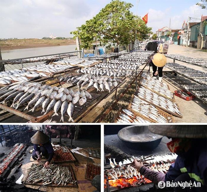 Người dân lao động tại làng nghề nướng cá Trung Hậu (xã Diễn Vạn, huyện Diễn Châu). Ảnh: Minh Quân