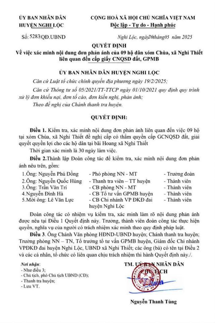 Quyết định số 5283/QĐ-UBND ngày 26/5/2025 của UBND huyện Nghi Lộc. Ảnh: Nhật Lân