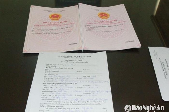 Những bìa đất giả mà Âu Thị Thanh Hằng đã đặt làm trên mạng để lừa dối nạn nhân. Ảnh tư liệu