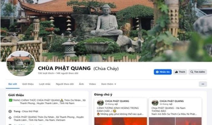 Hình 2: Fanpage “CHÙA PHẬT QUANG” giả mạo có 13.000 lượt thích và 14.000 người theo dõi