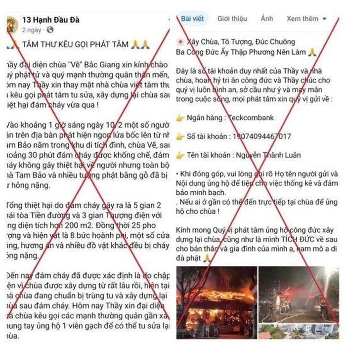 Trang facebook tên “13 Hạnh Đầu Đà” đăng tải thông tin kêu gọi phát tâm tu sửa chùa nhằm chiếm đoạt tài sản của người dân. Ảnh: Công an tỉnh Bắc Giang
