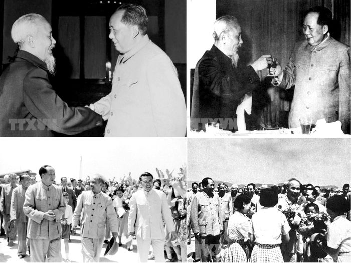 Từ trên xuống dưới, từ trái qua phải: Chủ tịch Hồ Chí Minh gặp và hội đàm với Chủ tịch Mao Trạch Đông, ngày 2/11/1960 tại Bắc Kinh, trong chuyến thăm Trung Quốc từ ngày 2 đến ngày 4/11/1960. Chủ tịch Hồ Chí Minh và Chủ tịch Mao Trạch Đông nâng ly chúc tình hữu nghị Việt Nam-Trung Quốc, tháng 8/1957. Chủ tịch Trung Quốc Mao Trạch Đông đón Chủ tịch Hồ Chí Minh thăm hữu nghị Trung Quốc, tại sân bay Bắc Kinh, ngày 25/6/1955. Nhân dân Trung Quốc chào mừng đoàn đại biểu Chính phủ Việt Nam, do Chủ tịch Hồ Chí Minh dẫn đầu, thăm hữu nghị Trung Quốc, tháng 6/1955. Ảnh tư liệu: TTXVN
