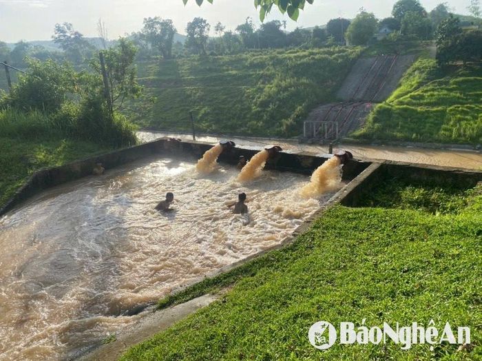 Một trạm bơm ở huyện Yên Thành đang bơm nước tưới phục vụ cho vụ hè thu. Ảnh: Văn Trường