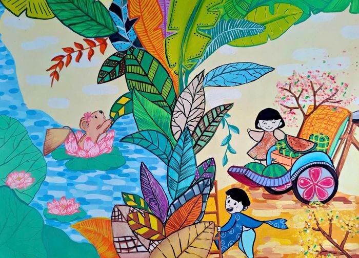 Bức tranh “Làng quê” của em Nguyễn Minh (11 tuổi) trưng bày tại triển lãm. Ảnh: BẢO TÀNG MỸ THUẬT ĐÀ NẴNG