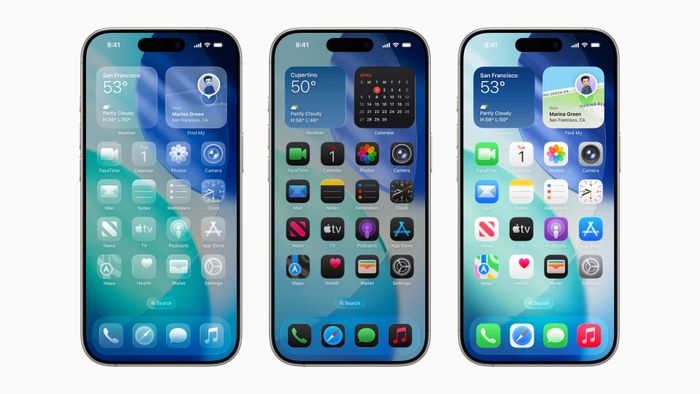 Màn hình chính của iOS 26 với chế độ sáng, tối hoặc trong suốt. Ảnh: Apple.