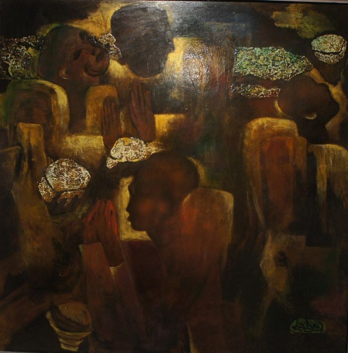 Tác phẩm “Khất thực” (sơn mài 125x125cm, 2002).