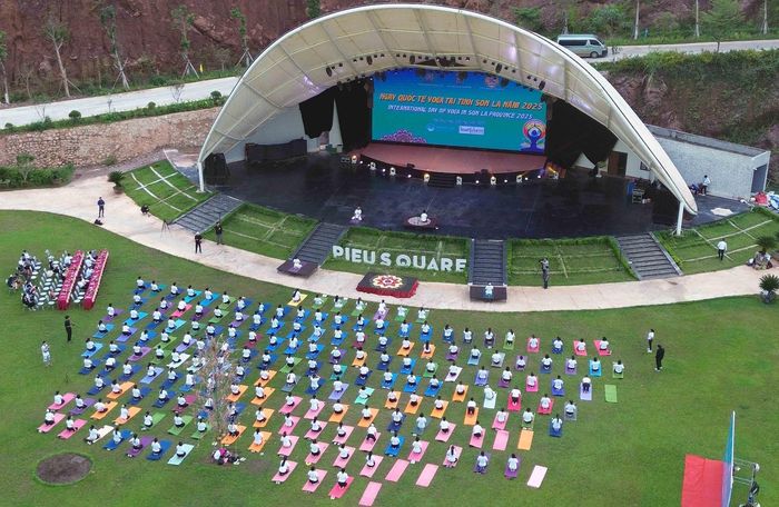Màn đồng diễn giao thức Yoga phổ biến với hơn 200 thành viên đến từ các câu lạc bộ Yoga trên địa bàn thành phố Sơn La và thị xã Mộc Châu. Ảnh: Quang Quyết - TTXVN