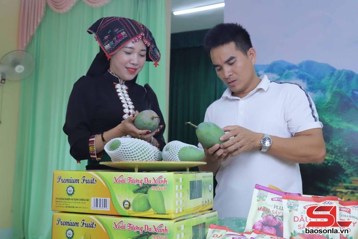 Thành viên HTX nông nghiệp an toàn Chiềng Hặc giới thiệu với nhà sáng tạo nội dung số sản phẩm xoài tượng da xanh an toàn của HTX.