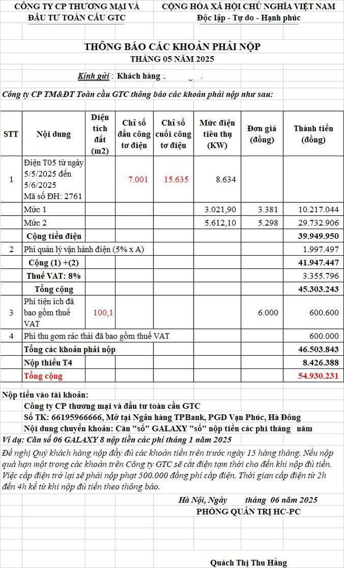 Mức giá điện Công ty GTC áp dụng tại khu nhà ở Ngân Hà Vạn Phúc. Ảnh: Cư dân cung cấp